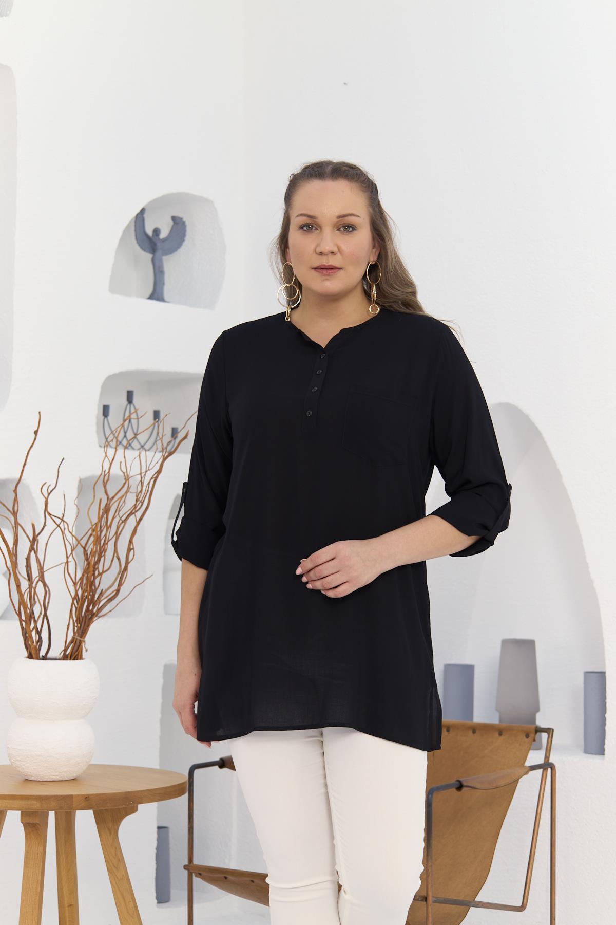 Cep Ve Kol Detaylı Vual Viskon Yırtmaçlı Büyük Beden Siyah Tunik