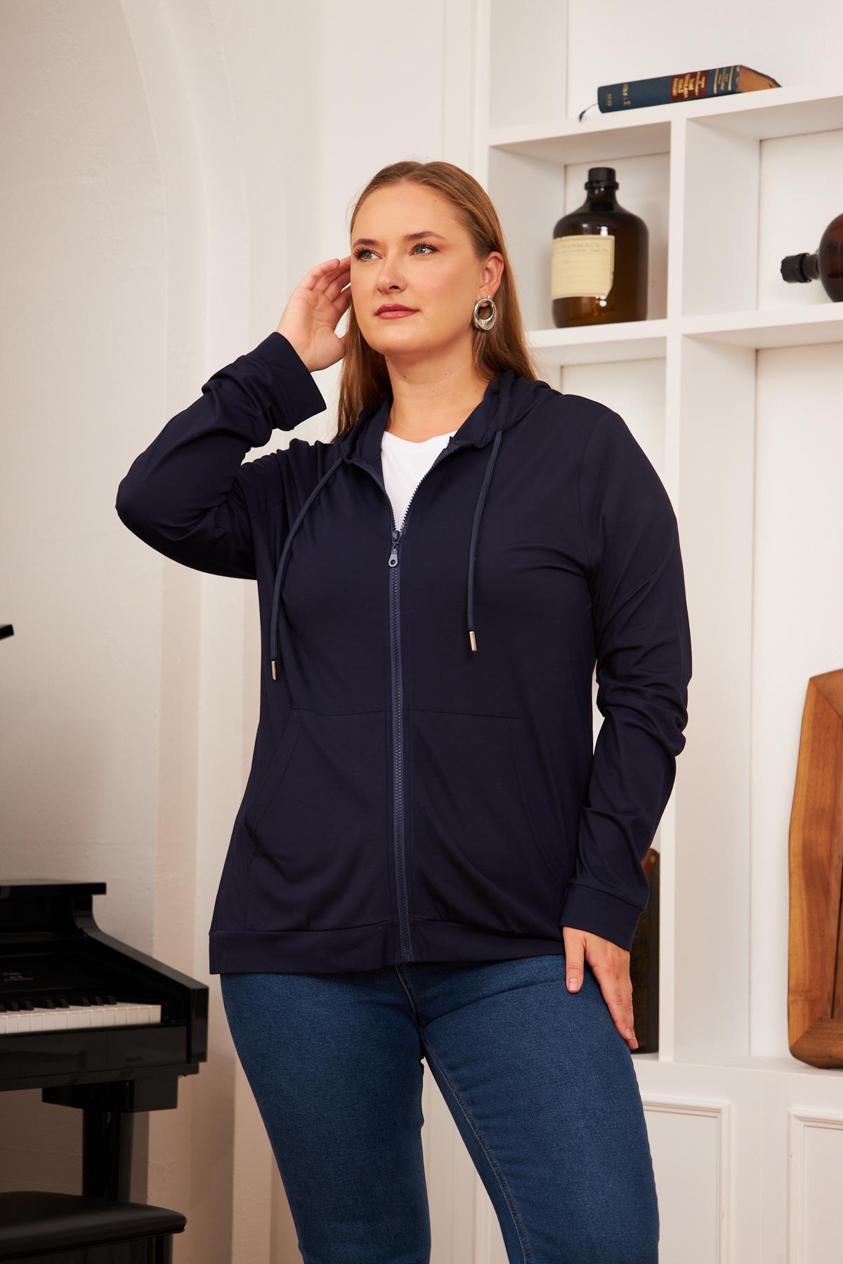 Büyük Beden Modal Sweatshirt Hırka Lacivert