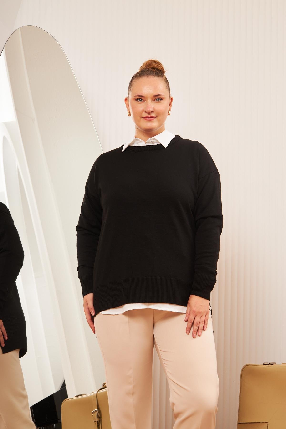 Büyük Beden Bisiklet Yaka Triko Kazak Siyah