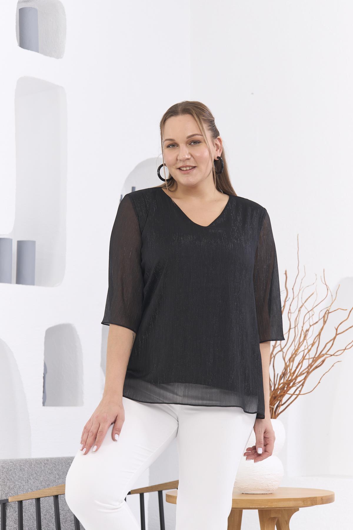 V Yaka Desenli Büyük Beden Siyah Bluz