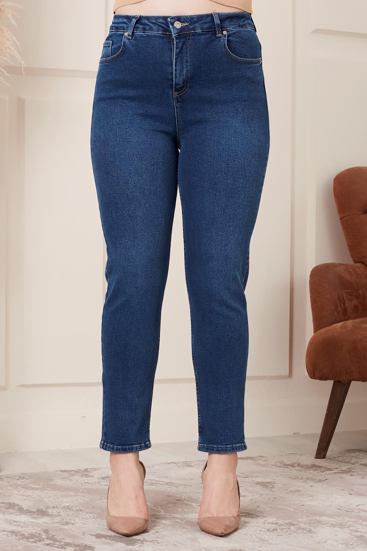 Büyük Beden Mom Jeans Lacivert Pantolon