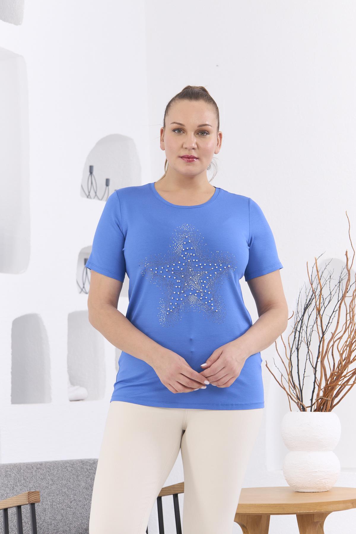 Yıldız Taş İşlemeli Büyük Beden İndigo Tişört