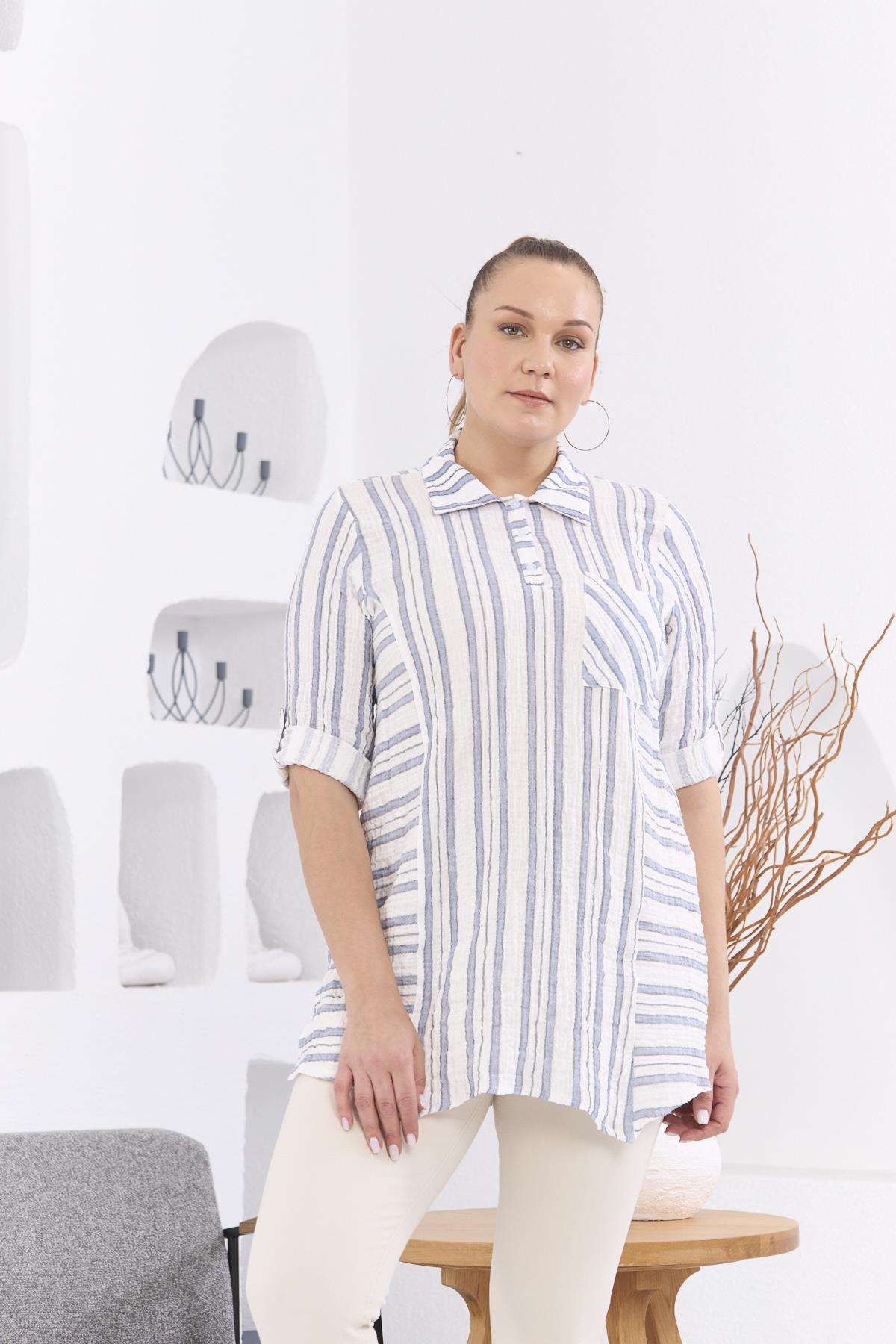 Asimetrik Kesim Müslin Kumaş Çizgili Büyük Beden İndigo Tunik