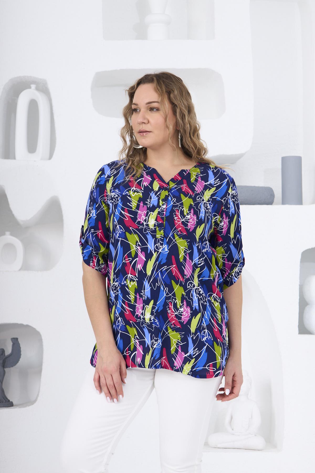 Desenli Lacivert Büyük Beden Bluz