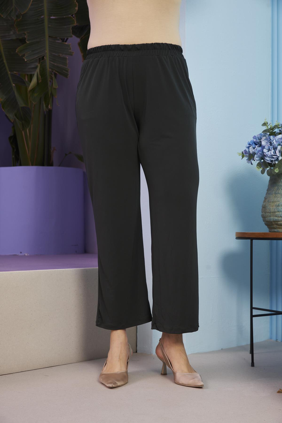 Geniş Paça Beli Lastikli Büyük Beden Haki Pantolon