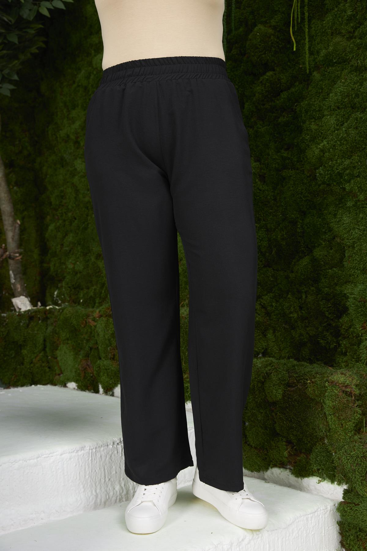 Beli Lastikli Geniş Paça Büyük Beden Siyah Pantolon