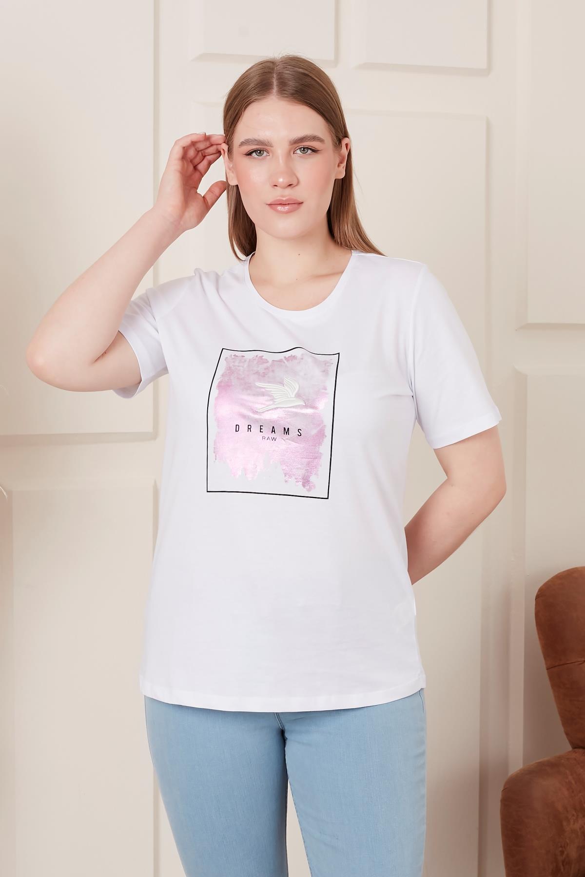 Rmg Nakış İşlemeli Baskılı Büyük Beden Beyaz Tişört