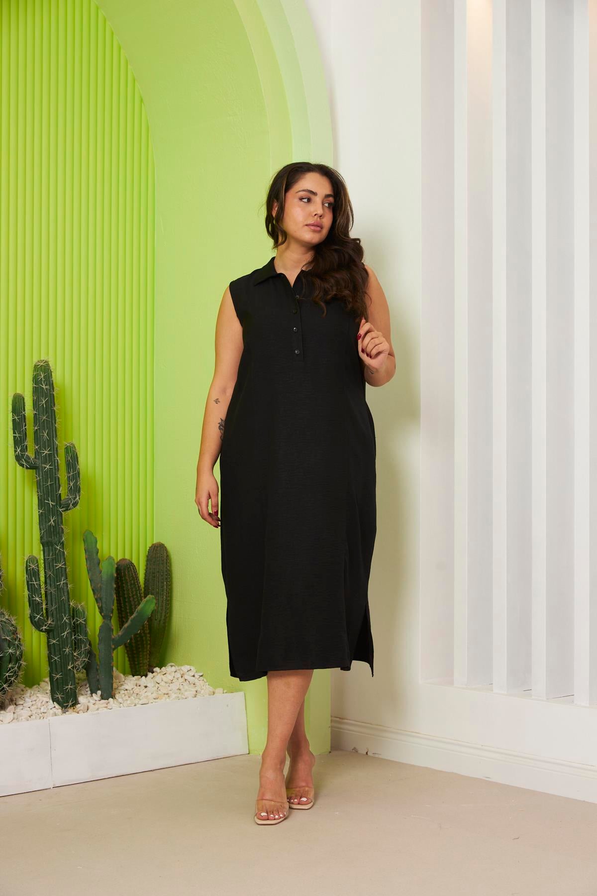 Gömlek Yaka Cep Detaylı Kolsuz Büyük Beden Elbise Siyah