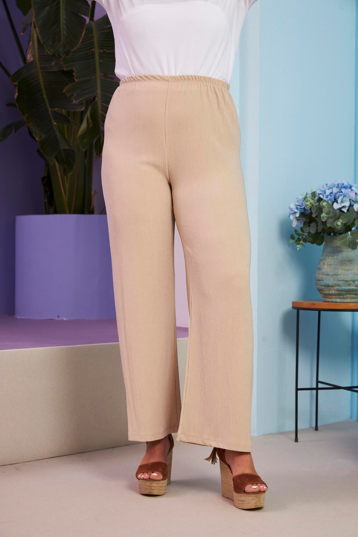 Bürümcük Kumaş Büyük Beden Bej Pantolon