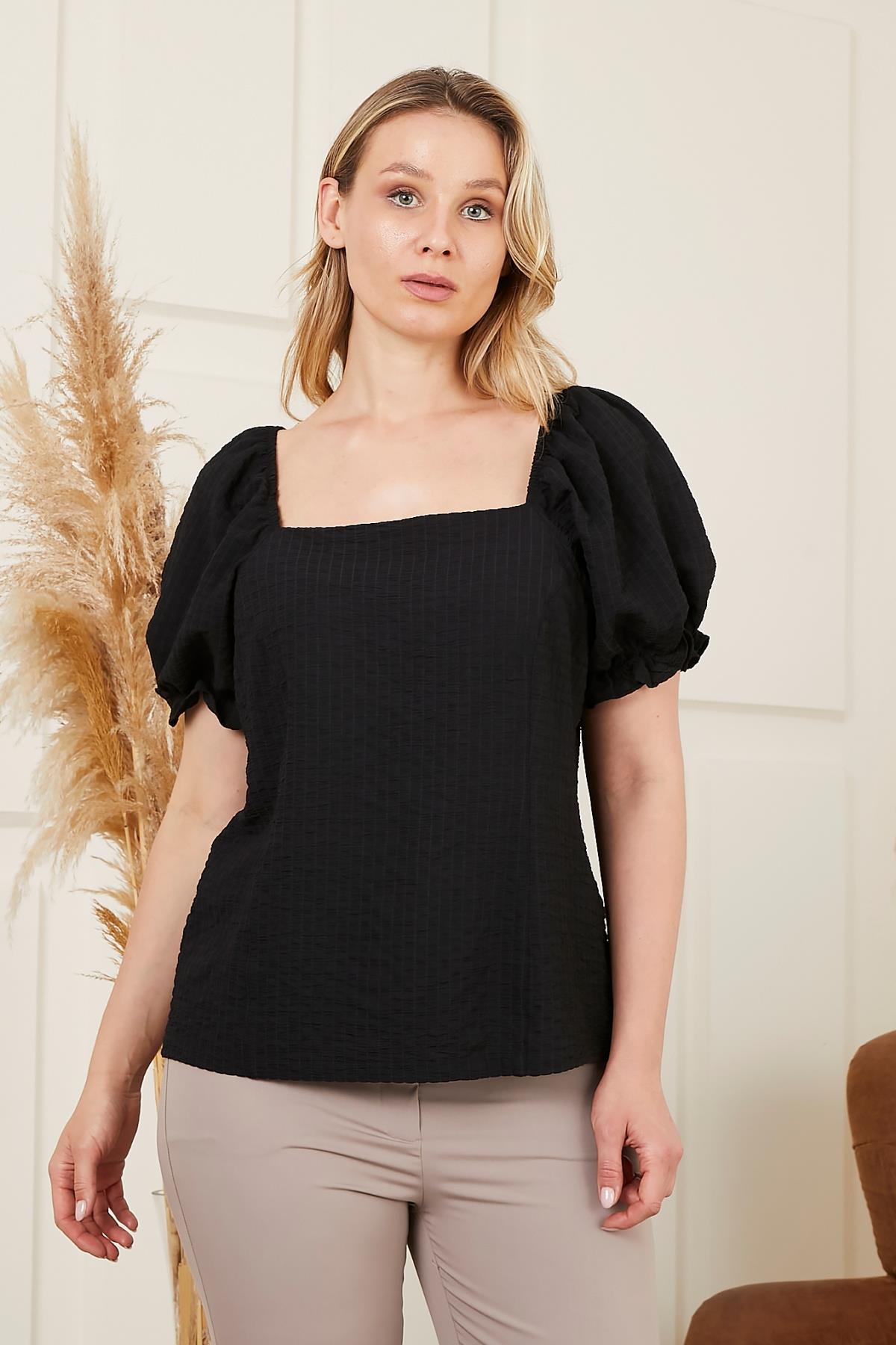 Rmg Kare Yaka Kol Lastikli Büyük Beden Siyah Bluz