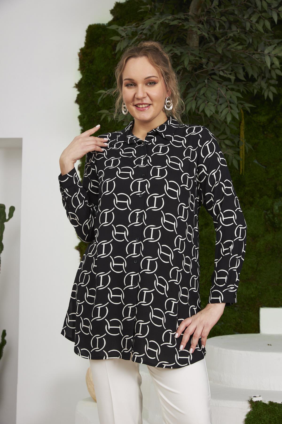 Zincir Desenli Büyük Beden Uzun Kol Siyah Gömlek