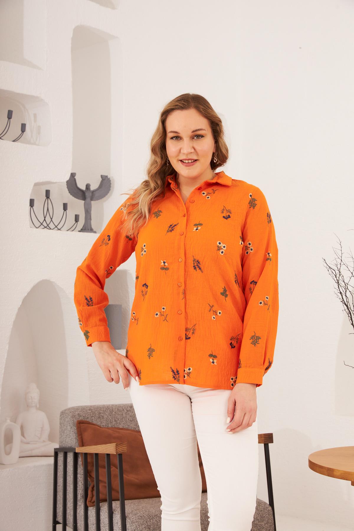 Nakışlı Büyük Beden Oranj Gömlek