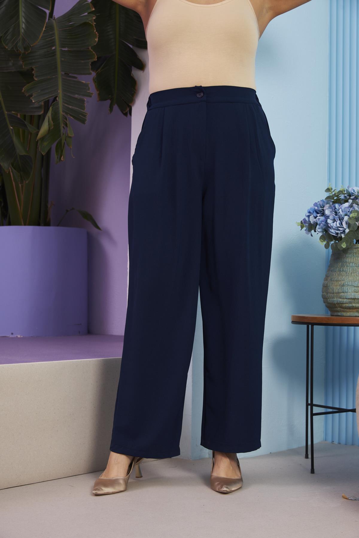 Beli Lastikli Büyük Beden Aerobin Lacivert Geniş Paça Pantolon