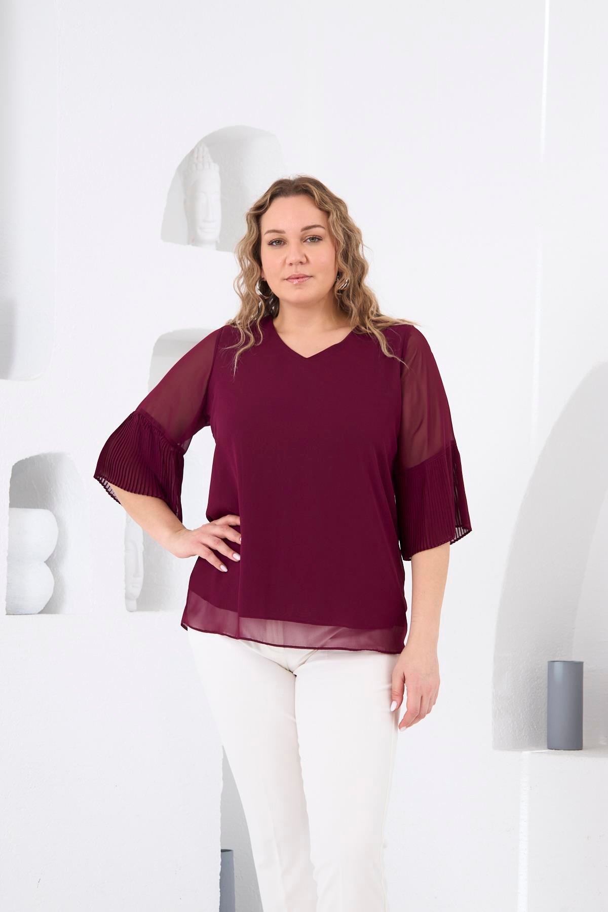 Kolları Piliseli Büyük Beden Violet Bluz