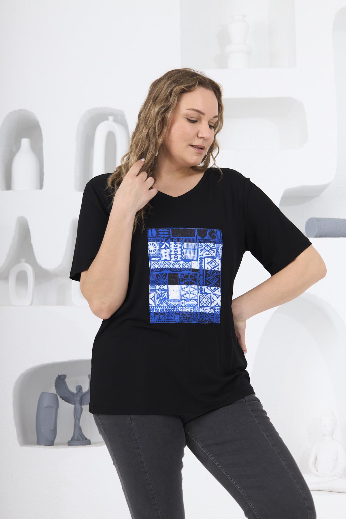 Rmg Sırt Detaylı Büyük Beden Baskılı İndigo Tişört