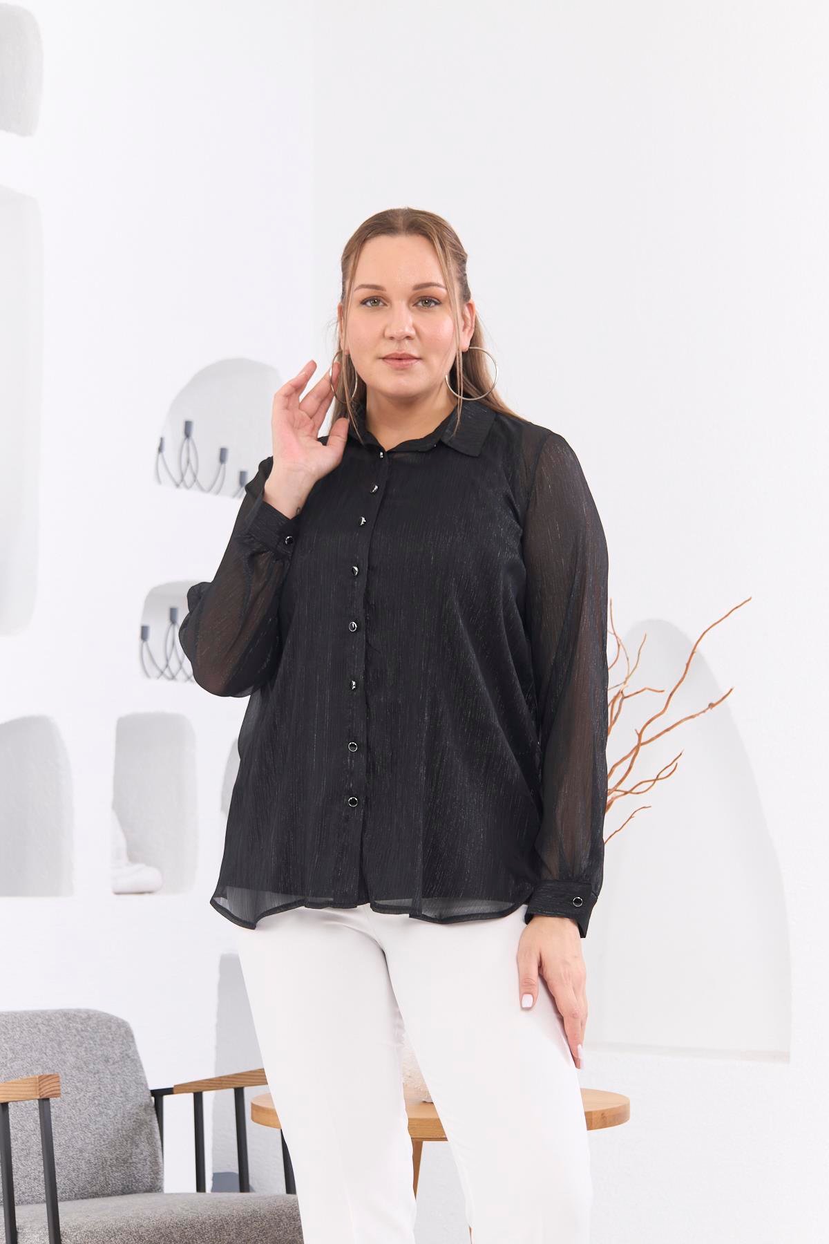 Simli Uzun Kol Büyük Beden Şifon Gömlek