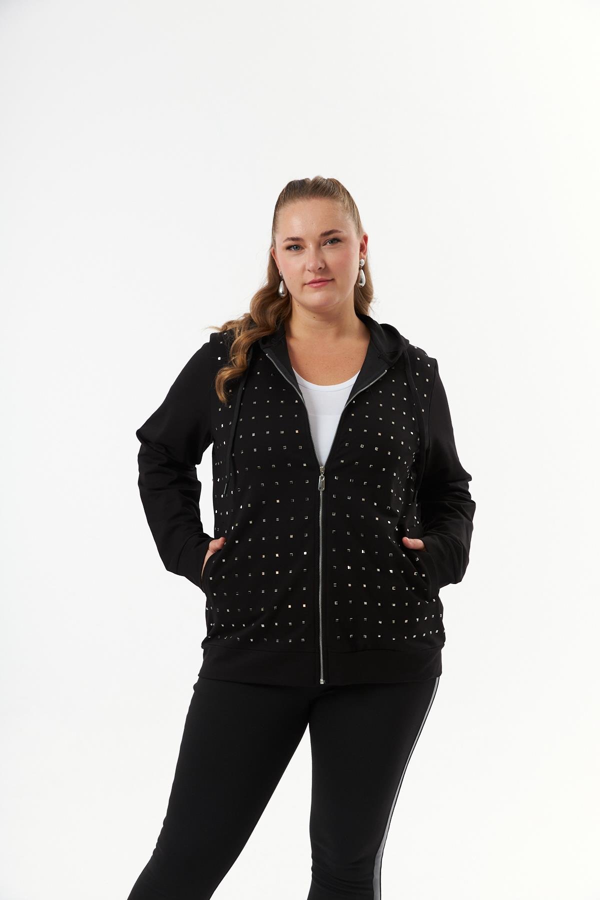 Büyük Beden Fermuarlı Droplu Sweatshirt Siyah