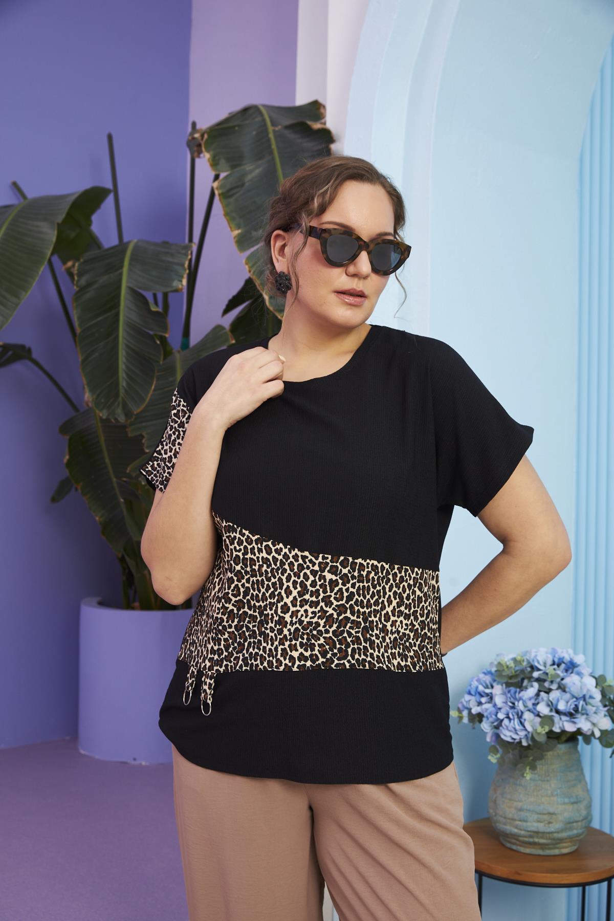 Bürümcük Kumaş Leopar Desenli Büyük Beden Siyah Tişört