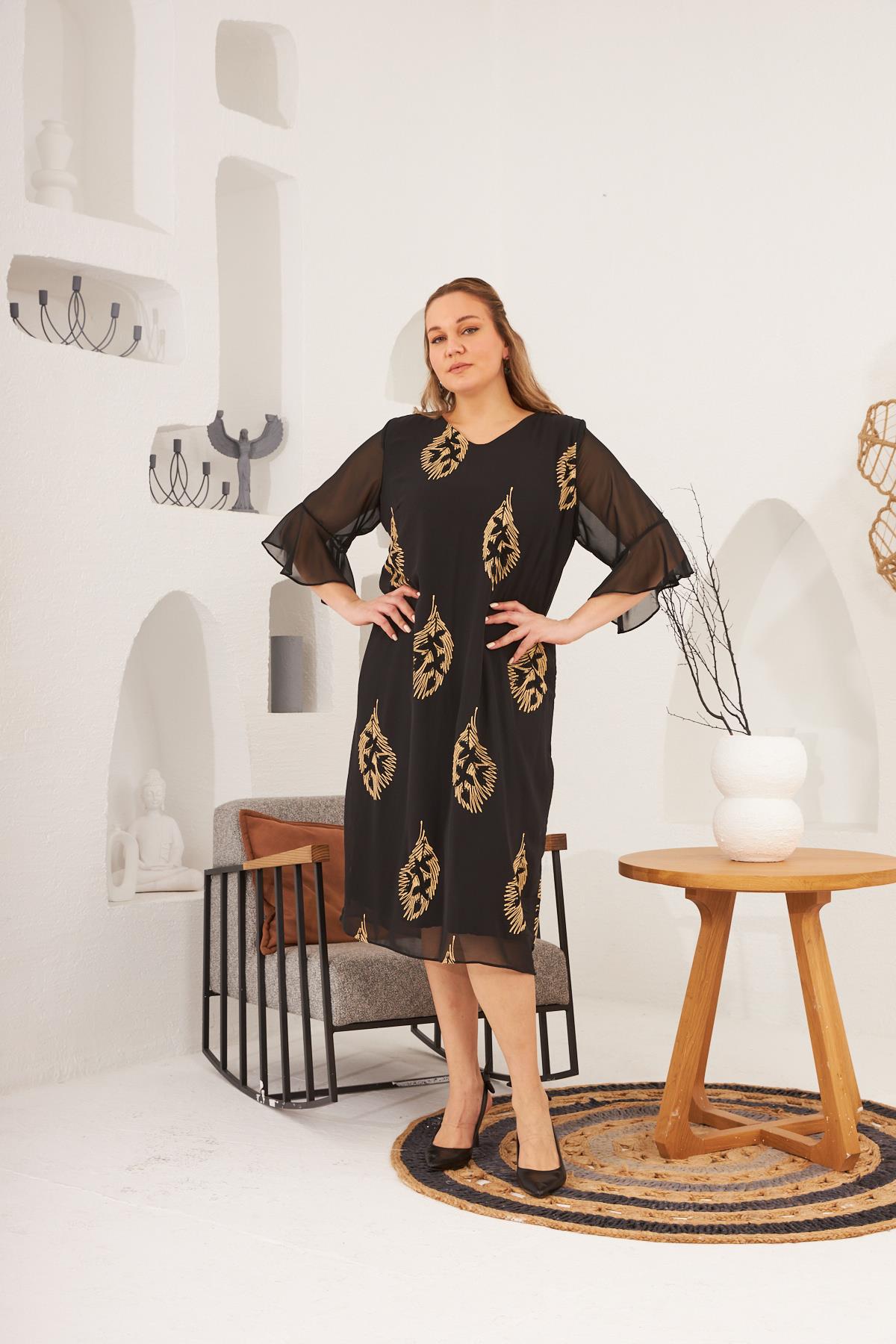 Nakış Detay İçlikli Büyük Beden Abiye Elbise Siyah