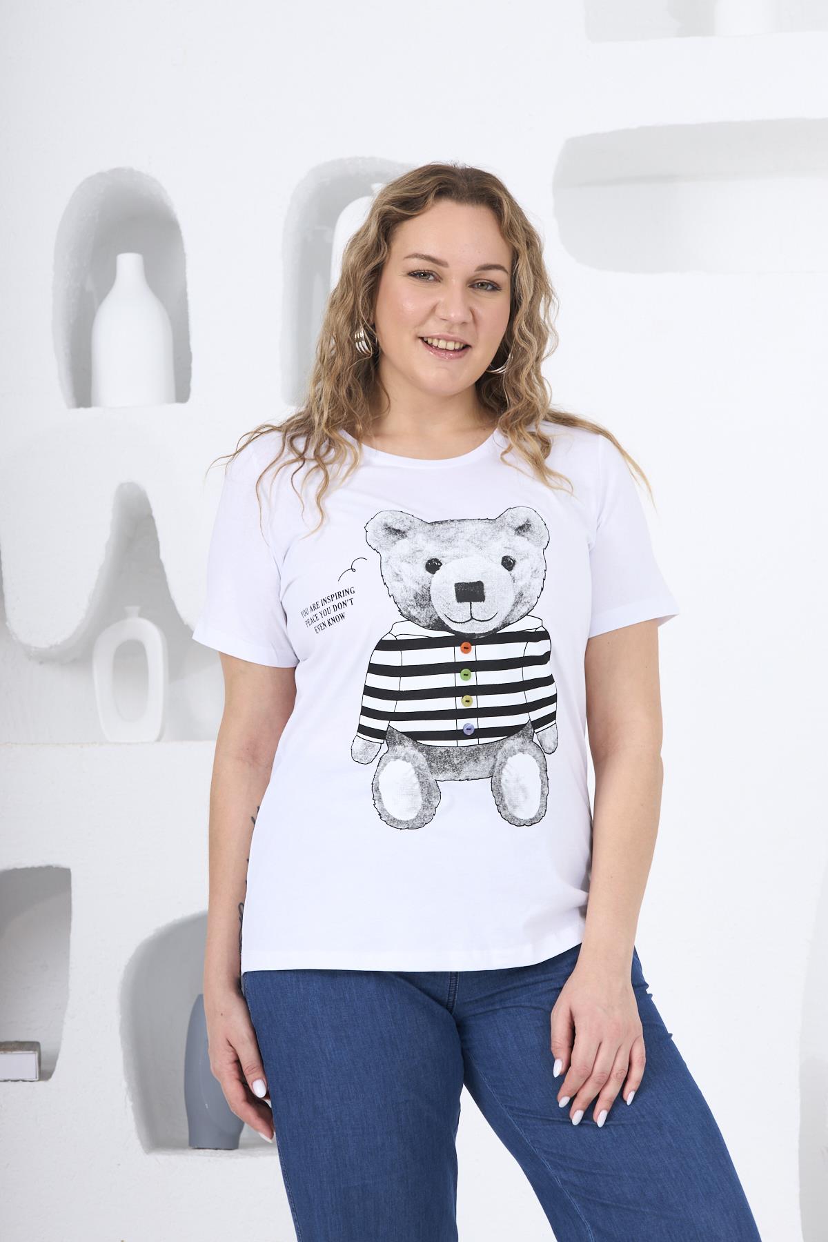 Ayıcık Baskılı Büyük Beden Beyaz Tişört