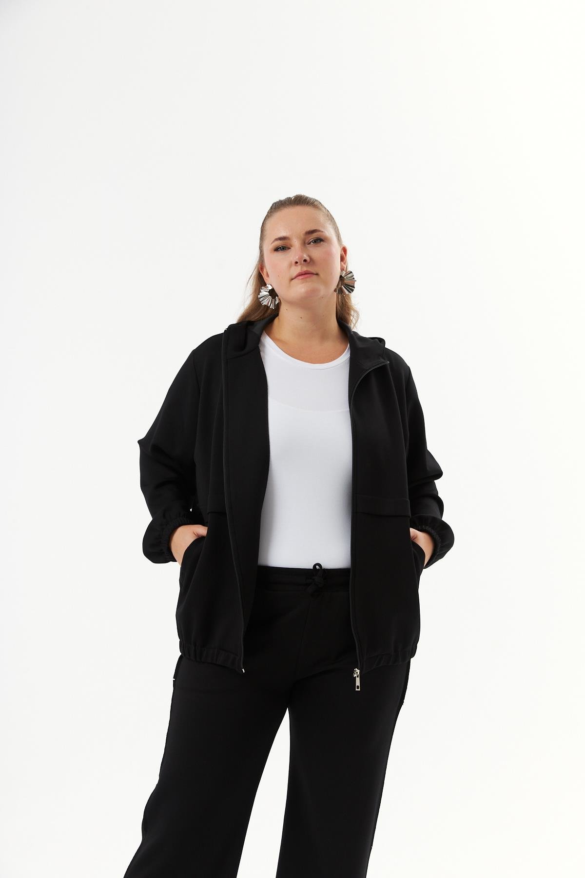 Büyük Beden Kapüşon ve Fermuarlı Modal Sweatshirt Siyah