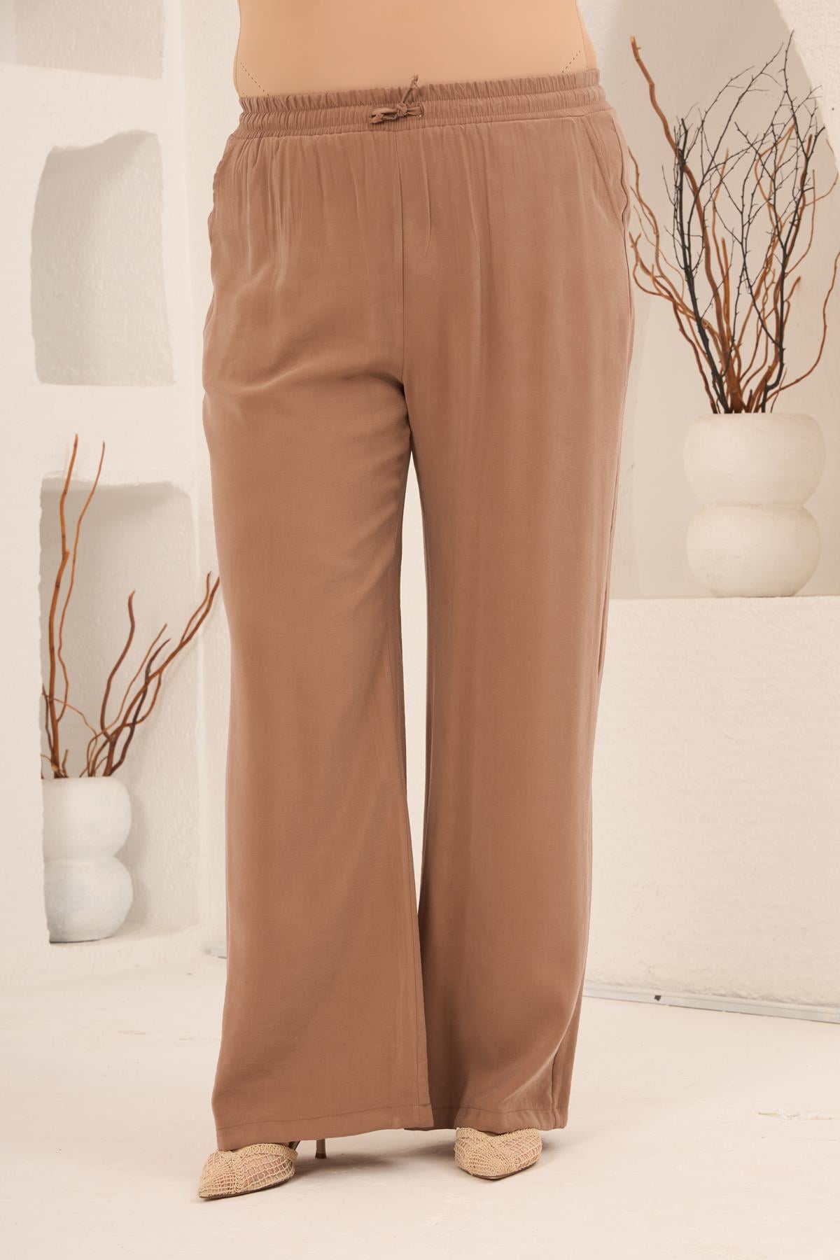 Bel Bağcık Detaylı Beli Lastikli Kadın Büyük Beden Pantolon Camel