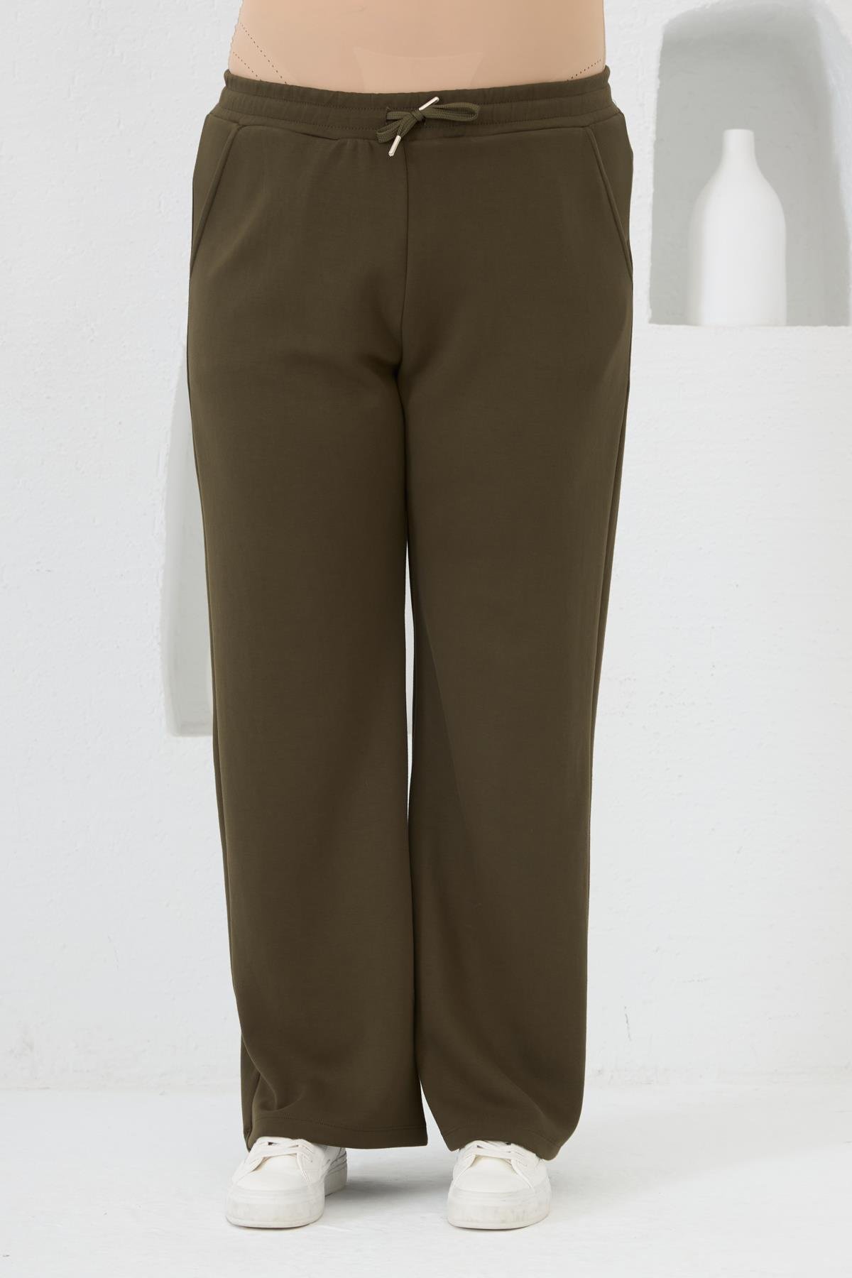 Bel Bağcıklı Büyük Beden Eşofman Haki