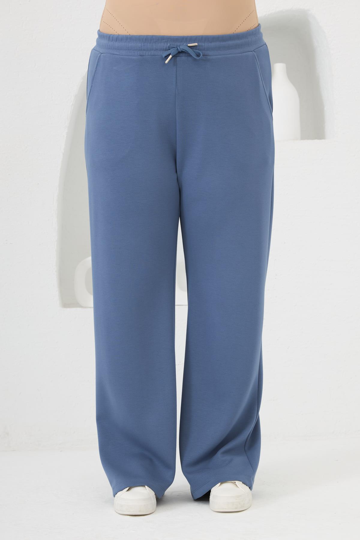 Bel Bağcıklı Büyük Beden Eşofman İndigo