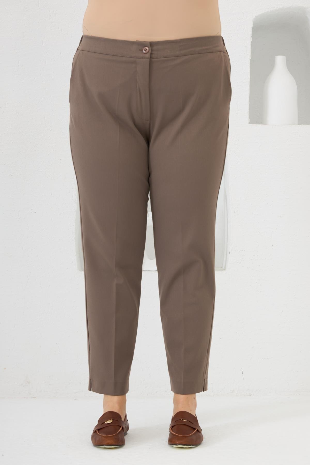 Bel Lastikli Paça Mini Yırtmaçlı Büyük Beden Kumaş Pantolon Vizon