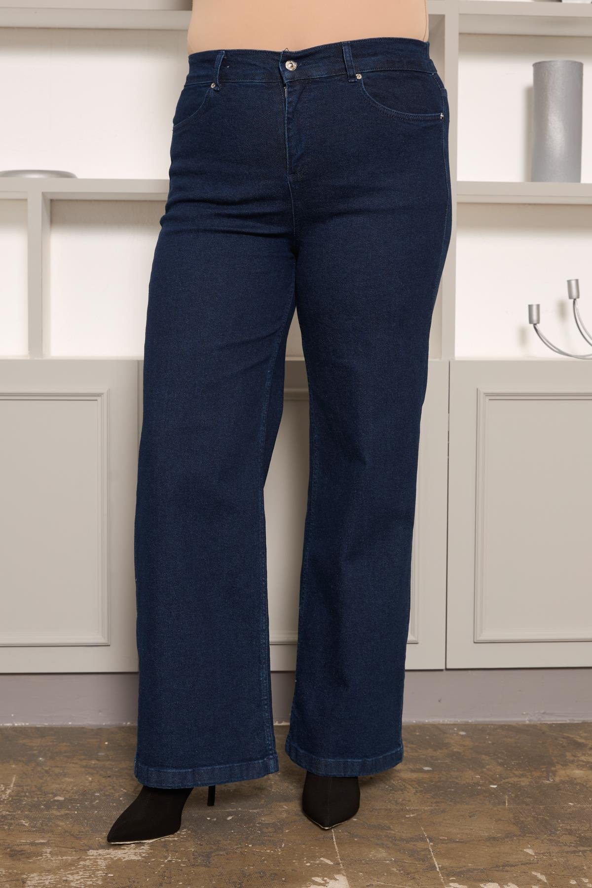 Beli Lastikli Bol Paça Büyük Beden Kot Pantolon Koyu Lacivert