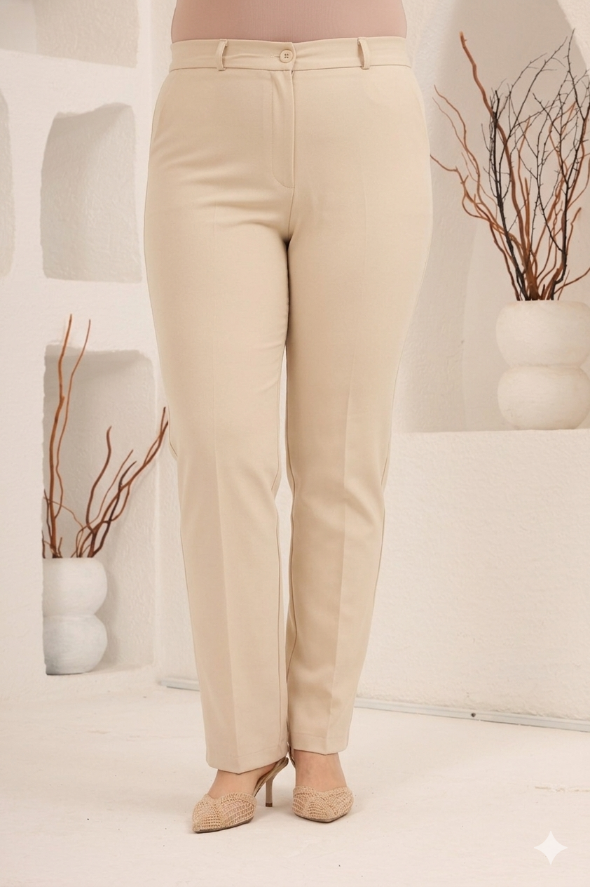 Beli Lastikli Büyük Beden Geniş Paça Pantolon Krem - RMG
