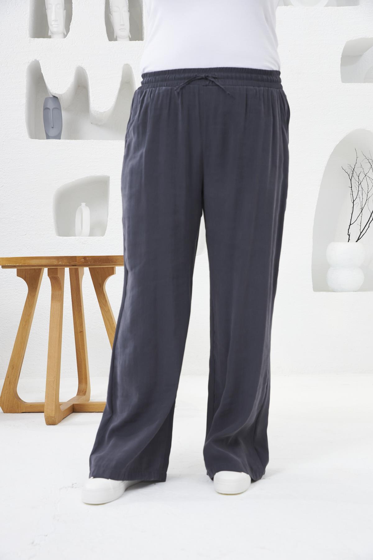 Beli Lastikli Geniş Paça Büyük Beden Pantolon Füme