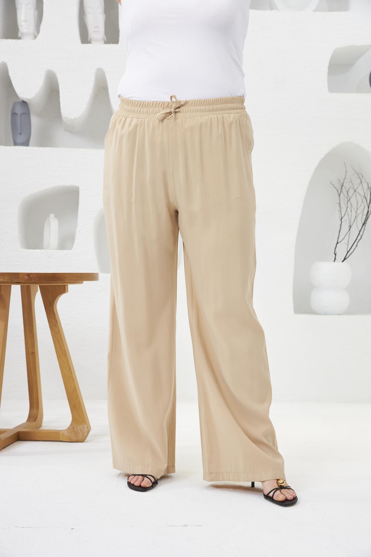Beli Lastikli Geniş Paça Büyük Beden Pantolon Krem