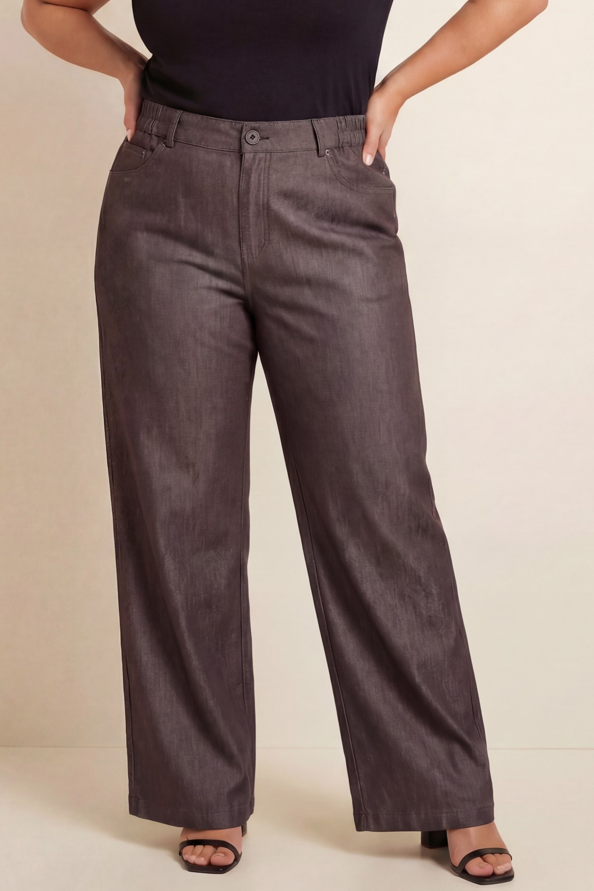 Beli Lastikli Kot Görünümlü Kadın Büyük Beden Kumaş Pantolon Kahve