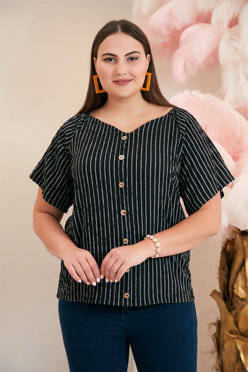RMG Çizgili V Yaka Büyük Beden Siyah Bluz
