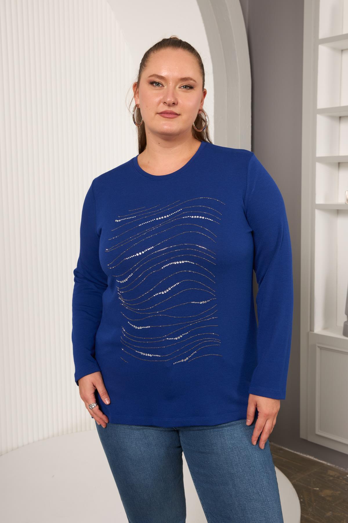 Büyük Beden Taş Detay Bluz Saks