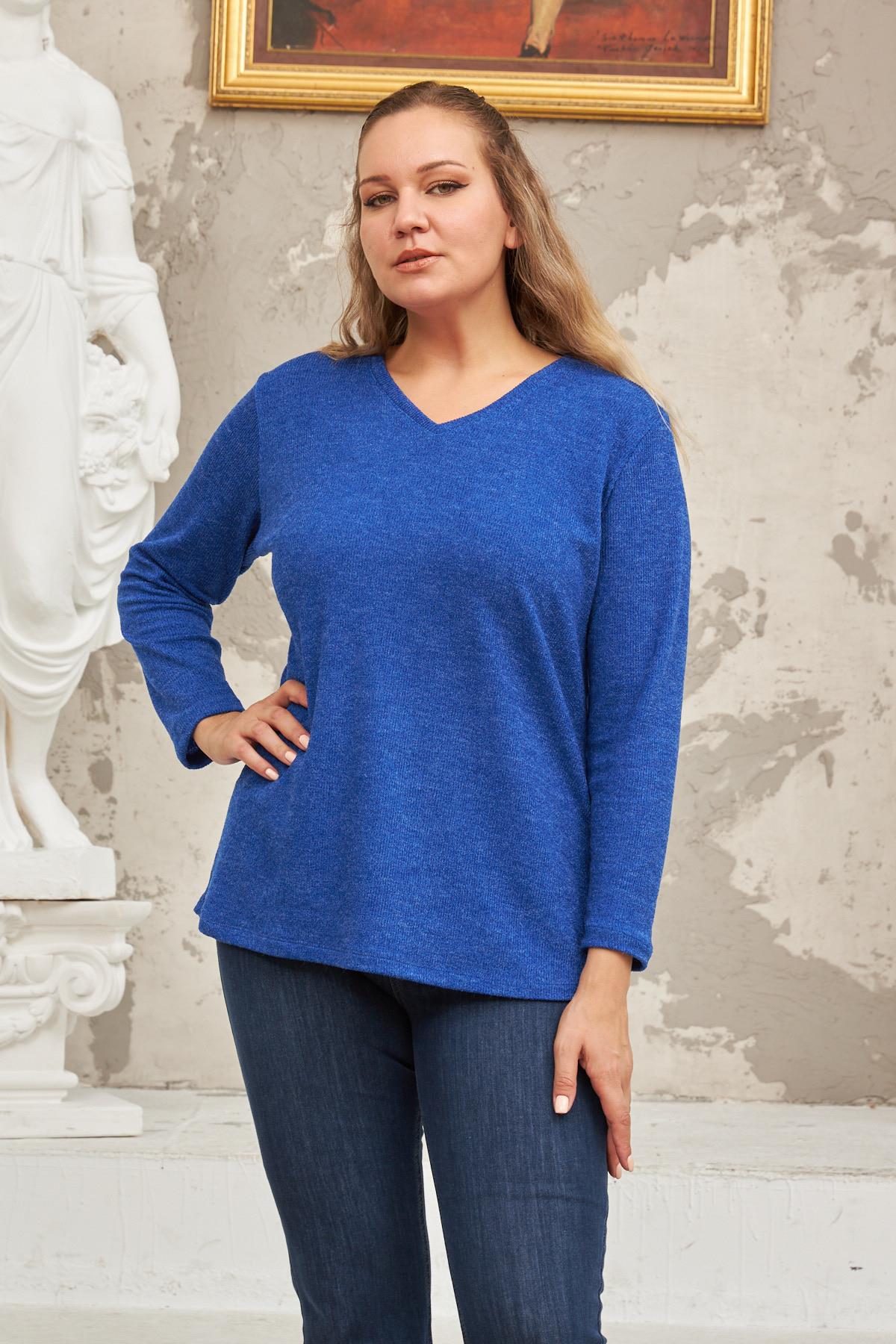 V Yaka Büyük Beden Saks Örme Kazak