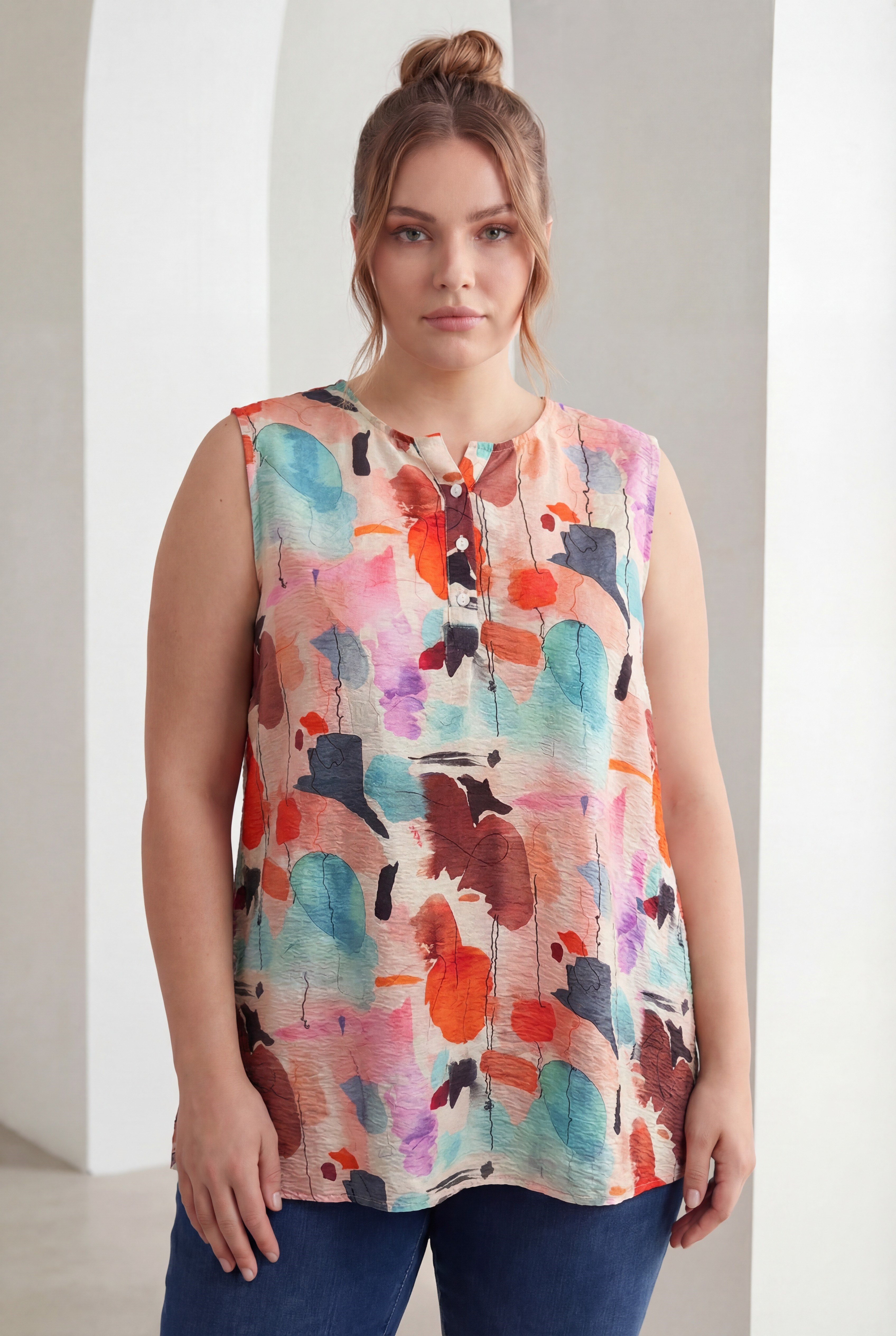 Desenli Kolsuz Büyük Beden Bluz Mercan