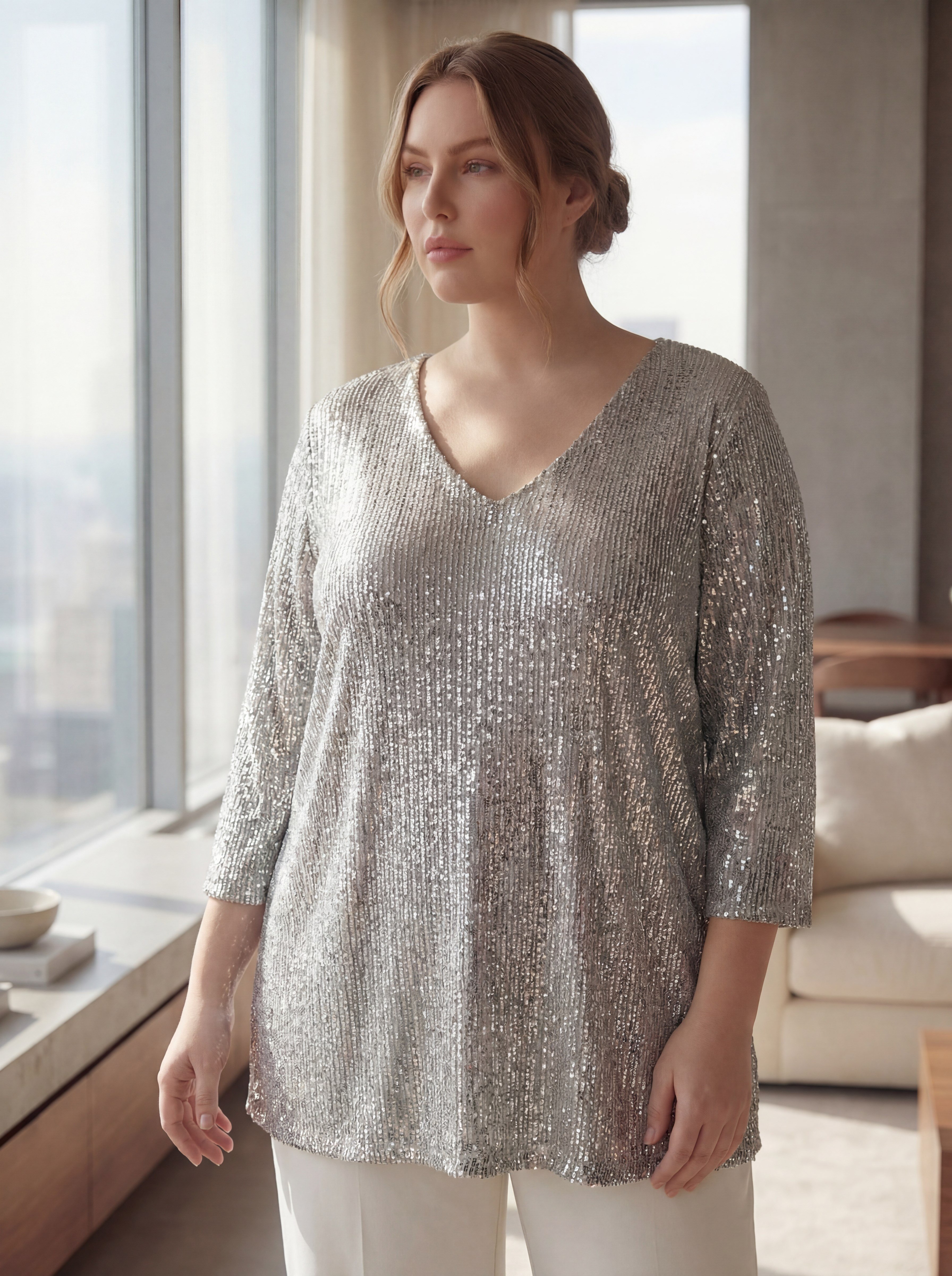 Büyük Beden Astarlı Pul Payet Bluz Gümüş