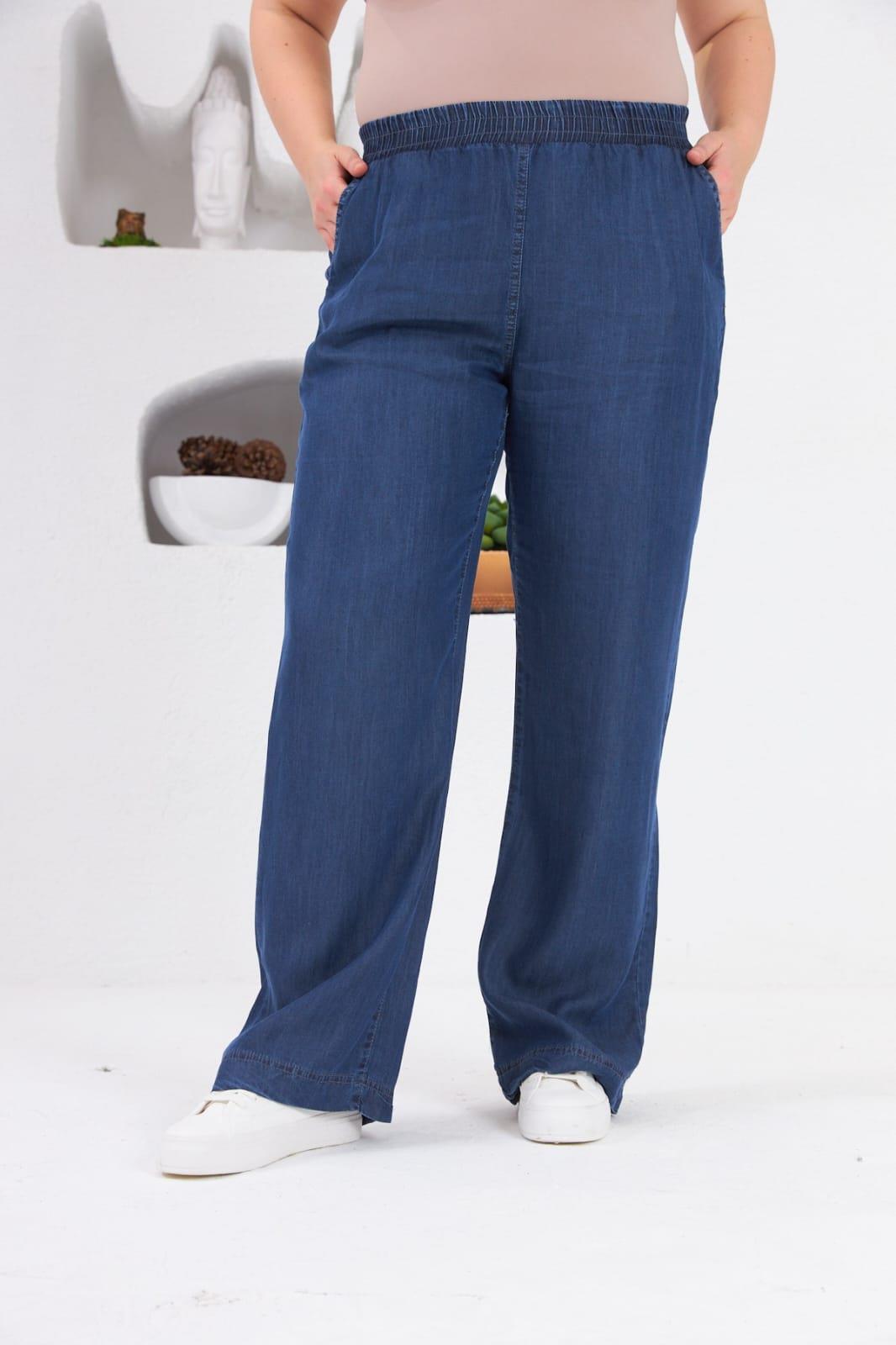 Bol Paça Büyük Beden Beli Lastikli Mavi Pantolon