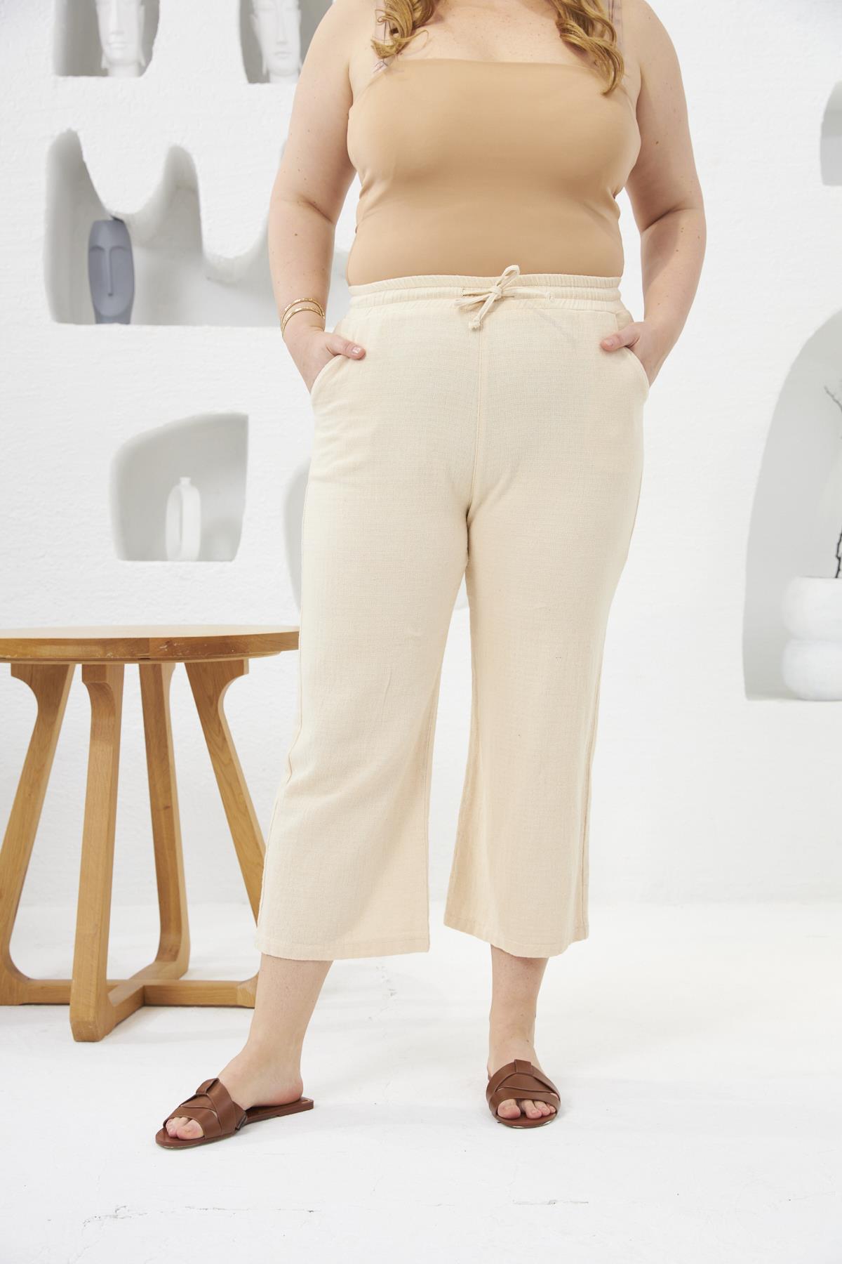 Bol Paça Büyük Beden Pamuklu Pantolon Kapri Krem