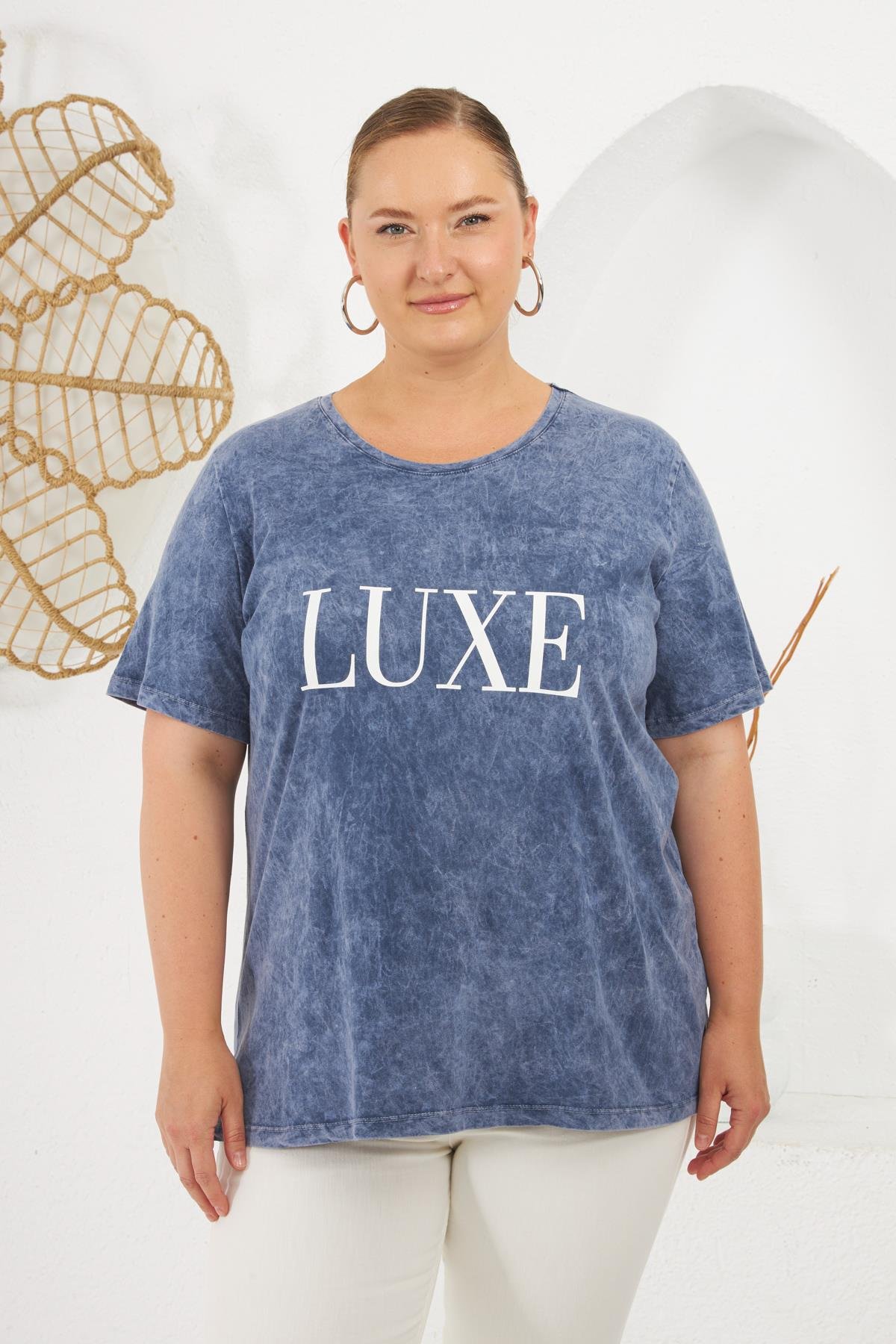 Büyük Beden Parça Boya Tişört İndigo