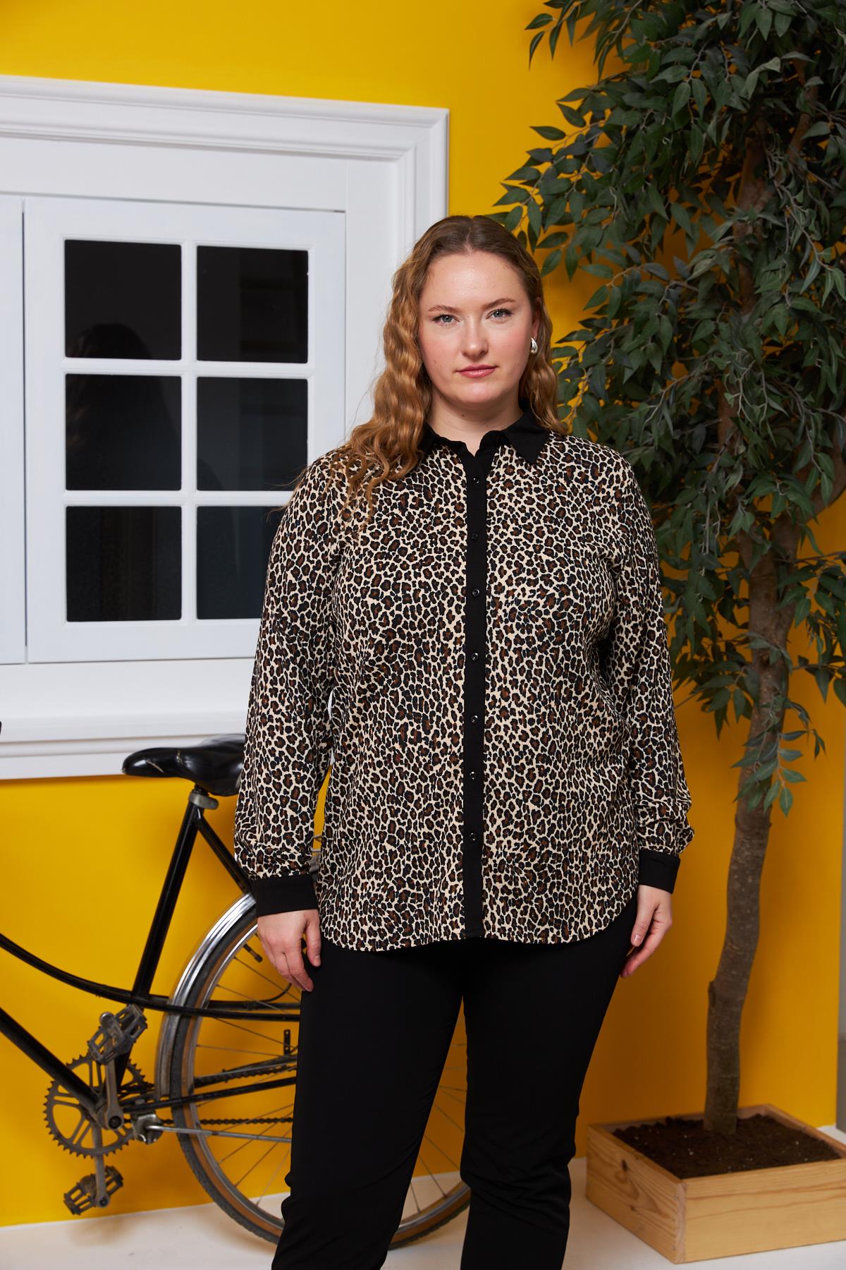 Bürümcük Kumaş Büyük Beden Gömlek Leopar