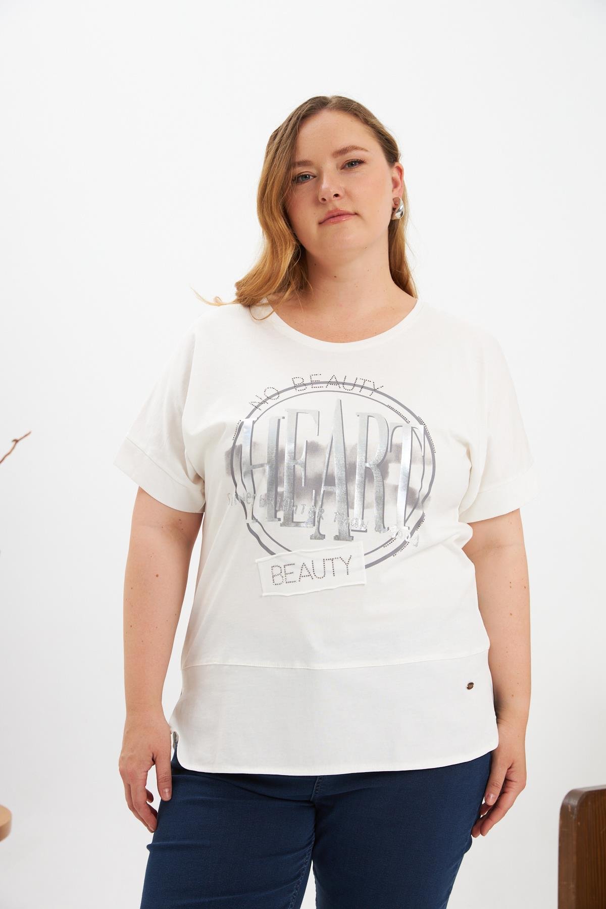 Büyük Beden Baskılı Tişört Ekru