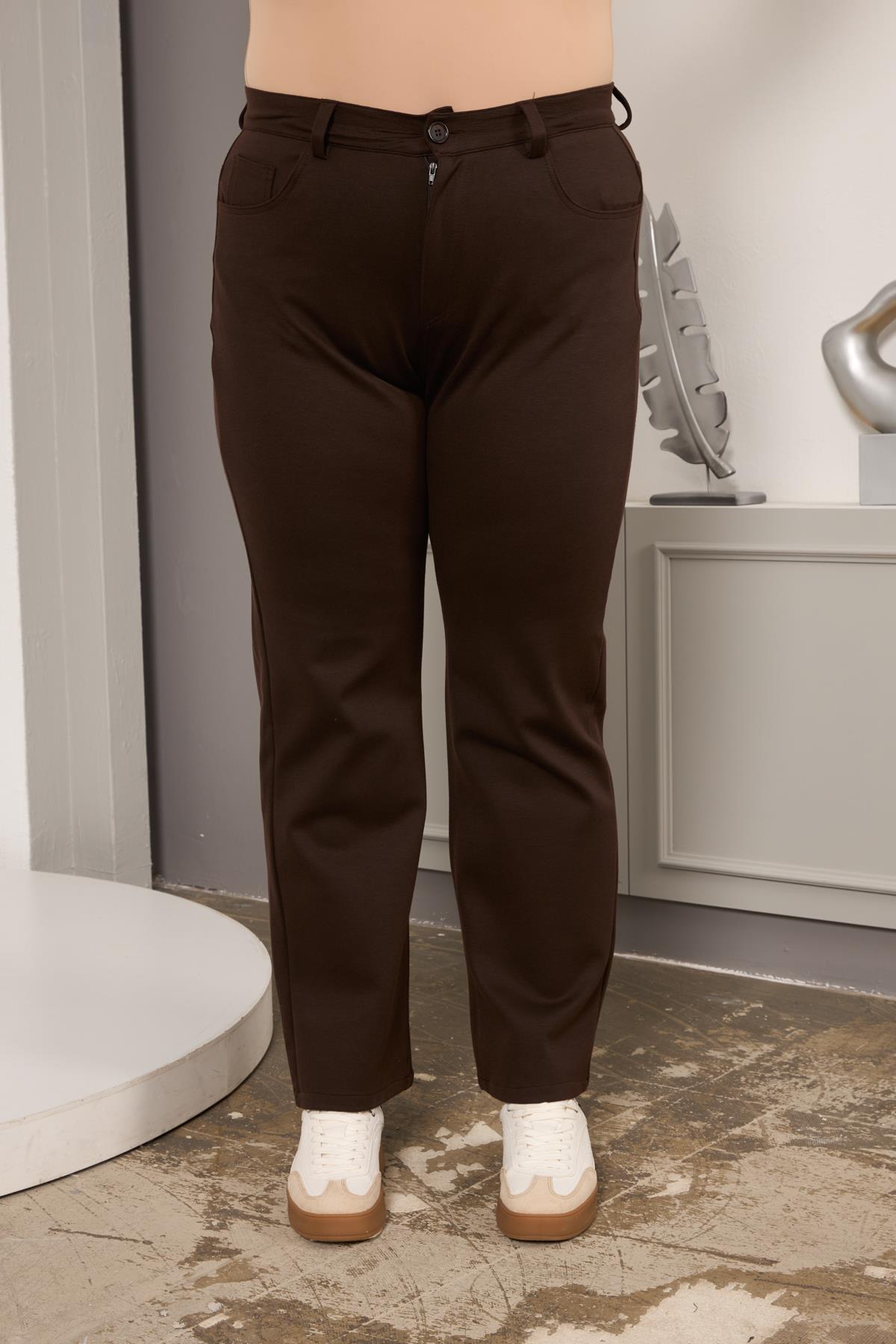 Büyük Beden Boru Paça Çelik Örme Pantolon Kahve