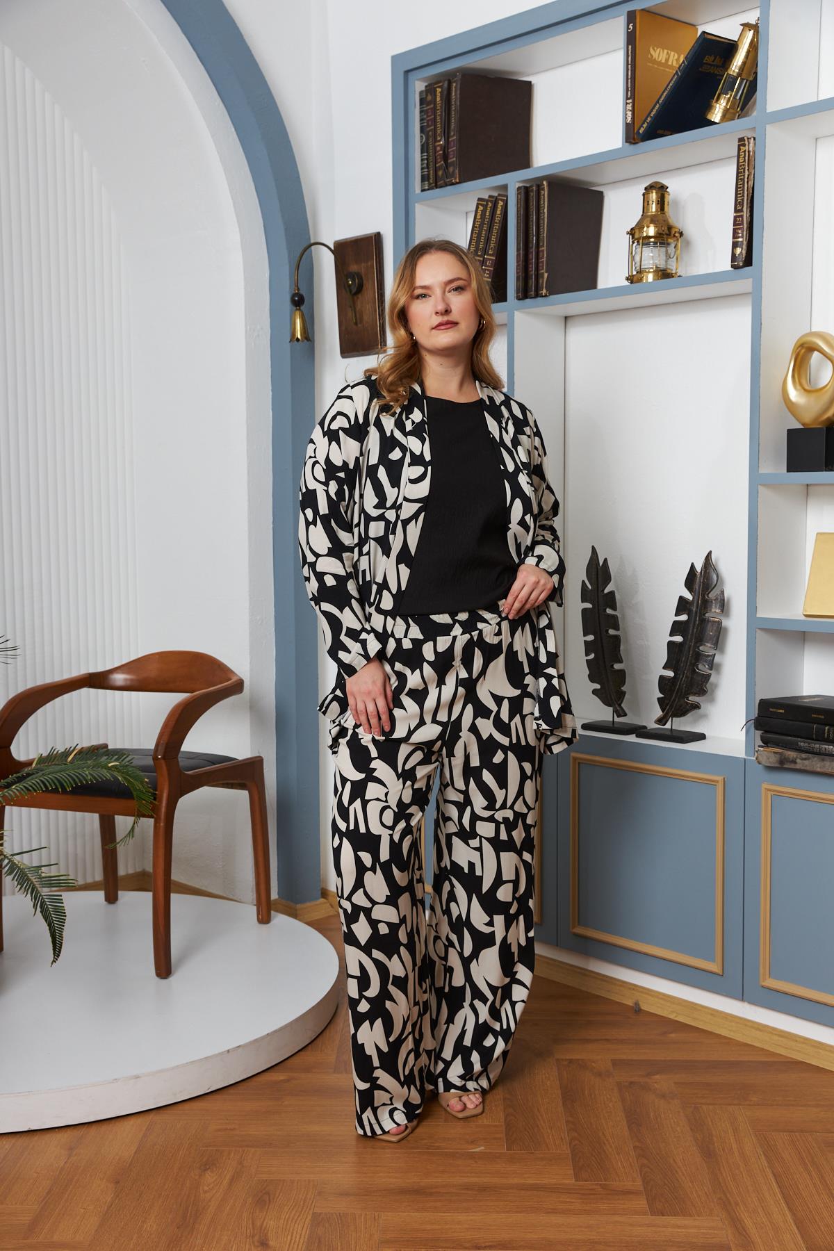 Büyük Beden Ceket-Atlet-Pantolon Viskon Takım Siyah