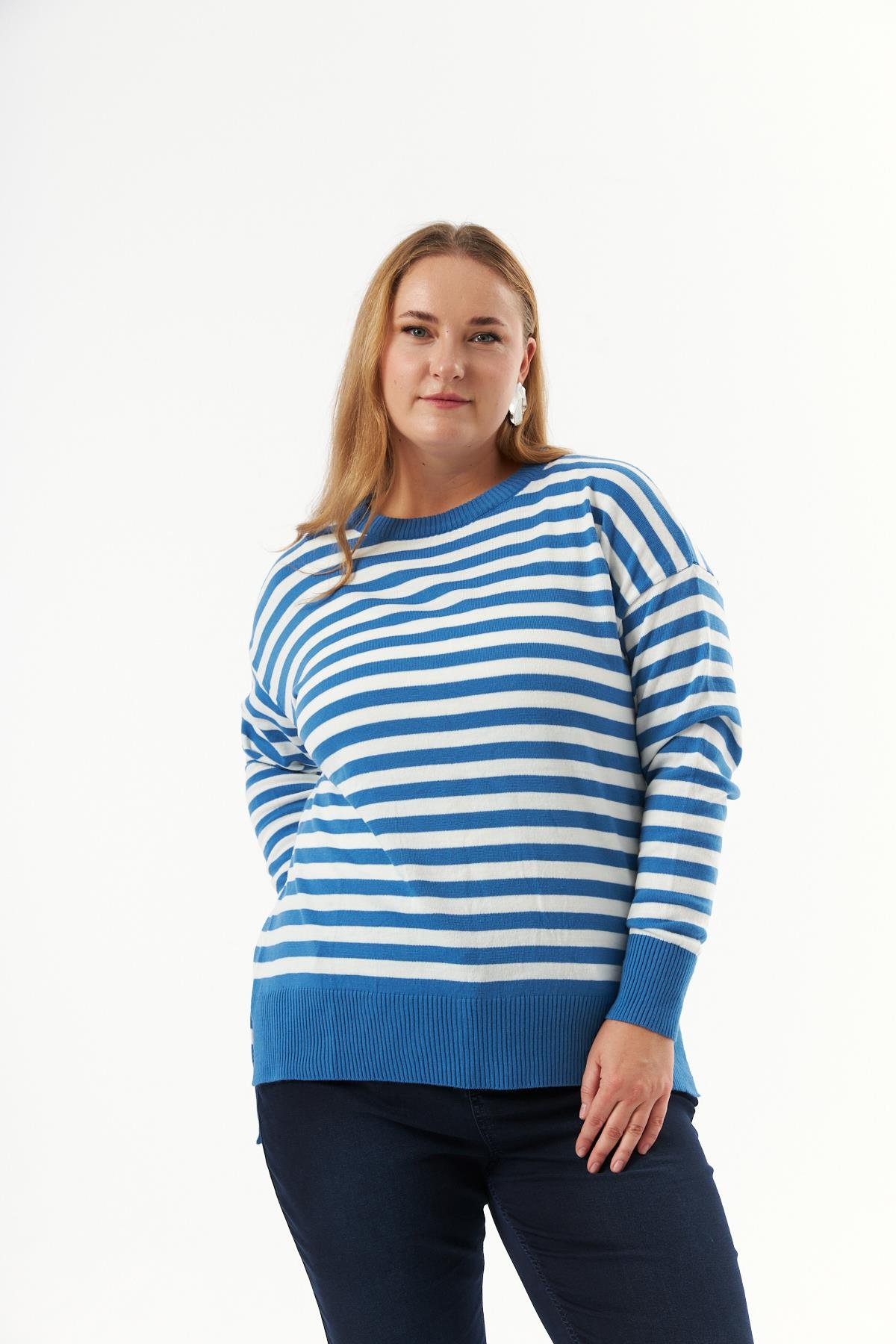 Büyük Beden Çizgili Triko Kazak İndigo