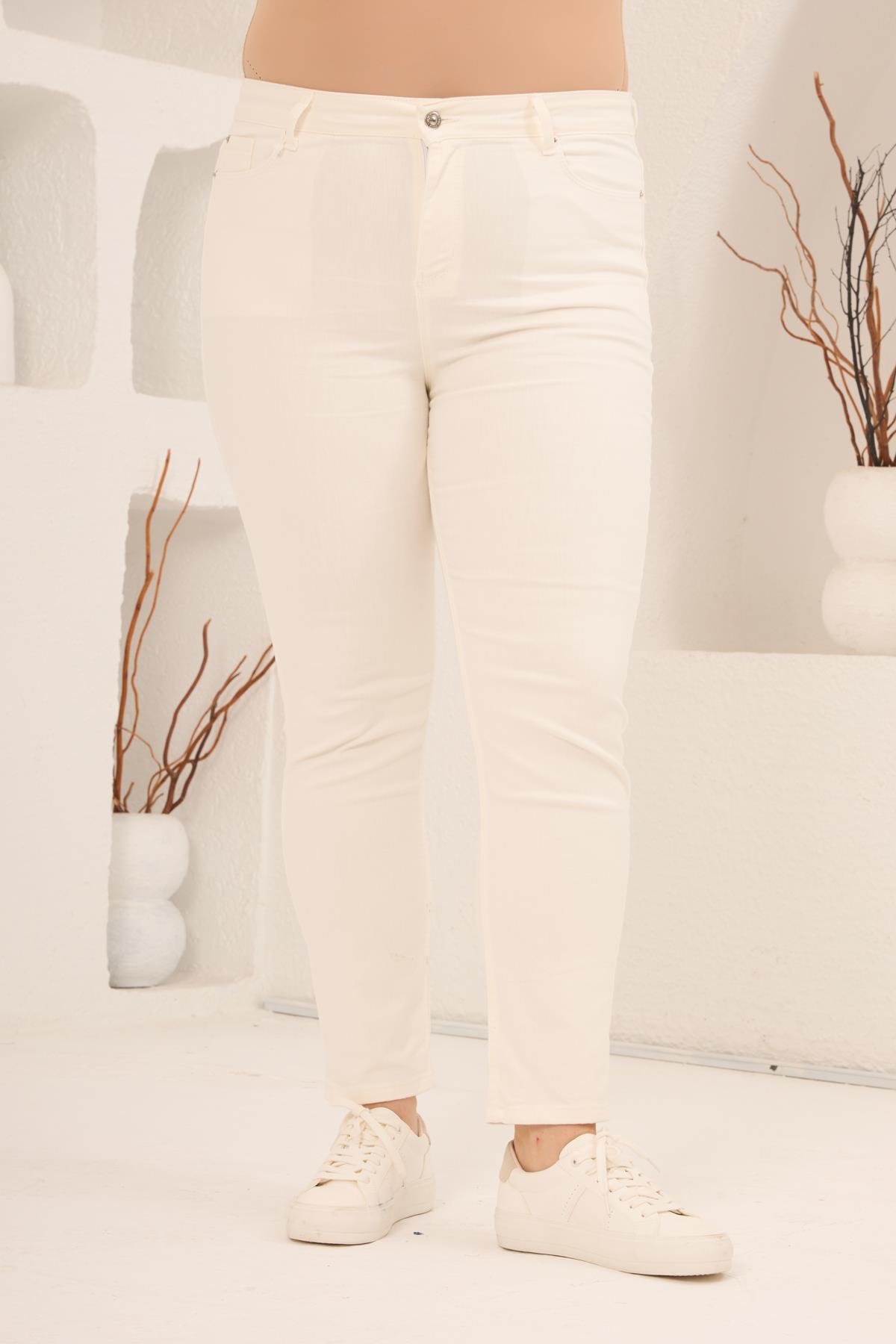 Büyük Beden Ekru Kot Pantolon