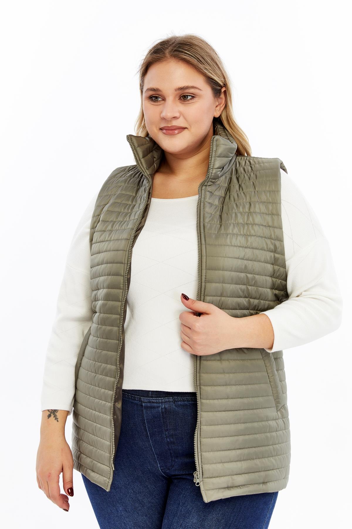 Büyük Beden Kadın Kapitone Şişme Yelek Haki