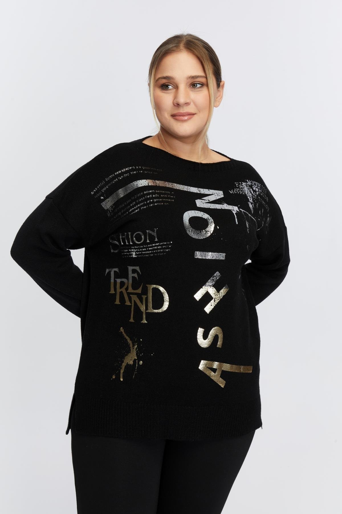 Büyük Beden Kayık Yaka Kaşmir Karışımlı Baskılı Triko Siyah